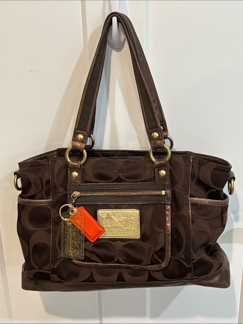 Vintage Coach Poppy Signature shoulder tote 2 Hangtags gold sparkles and Orange